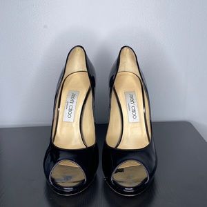 Jimmy Choo Ultra High Black Luna Patent Leather
Platform Crown Pumps